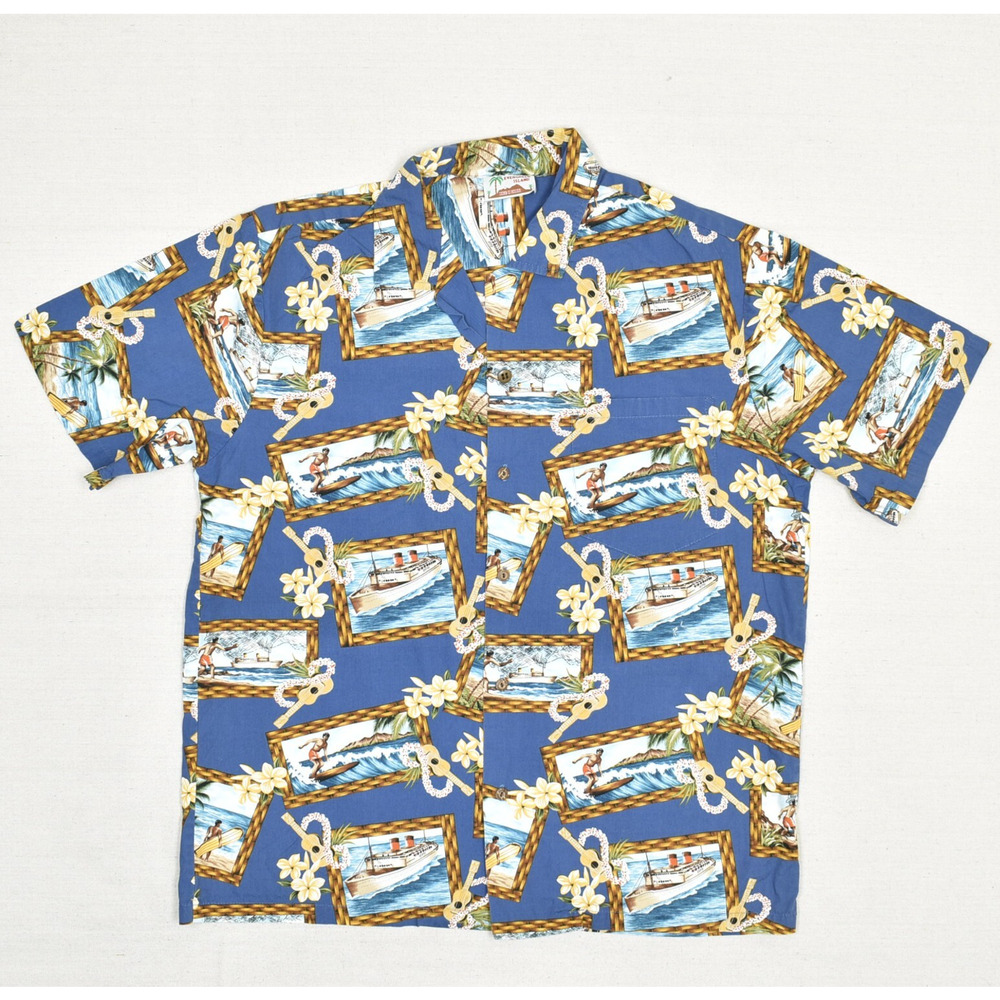 VTG Evergreen Island Men's Button Down Shirt Surf Hawaiian Cotton Blue Size L